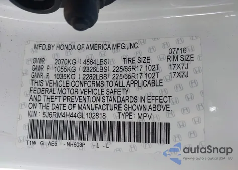 2016 Honda Cr-V Se from USA, damaged, VIN 5J6RM4H44GL102818